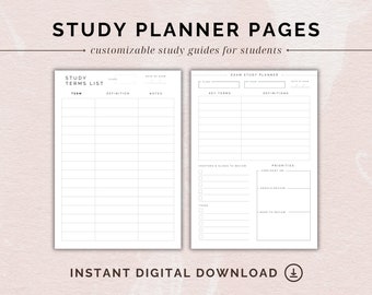 May include: Printable study planner pages with a black and white design. The pages are titled "Study Terms List" and "Exam Study Planner".