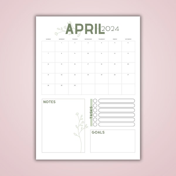 Vertical April 2024 Editable Calendar Printable: PDF Monthly Organizer, Minimalist Calendar Printable, April 2024 Digital Calendar