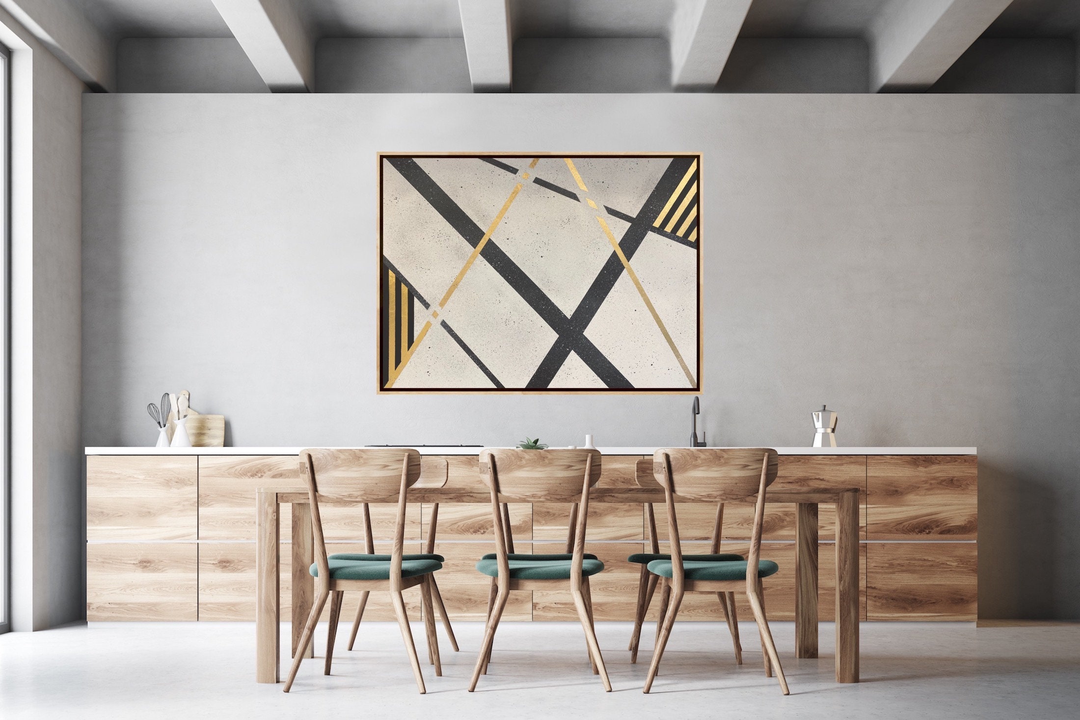Geometric Abstract Gold Leaf Painting - Black and White Abstract ...