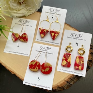 Terrazzo clay earrings / red earring / handmade clay earrings / dangle earrings / red clay earrings / gold leaf earrings / gift for her /