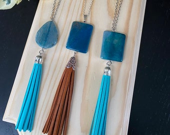 Blue Agate pendant with leather tassel / long agate necklace / handmade gemstone long necklace / blue agate pendant with tassel /