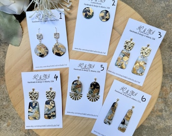 Pendientes, pendientes de arcilla terrazo, pendientes hechos a mano de arcilla, pendientes negros y dorados, pendientes de arcilla, pendientes hechos a mano para mujer, regalo para ella