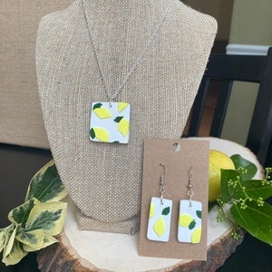 Lemon Jewelry / Lemon Earrings and Pendant / Fruit Earrings and Necklace / Handmade Clay Jewelry Set / Gift for Her / Yellow and White Set/