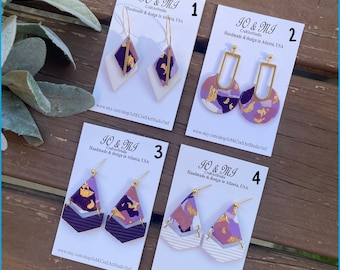 Earrings, purple earrings clay, Terrazzo earrings clay purple, handmade earrings clay purple, earrings clay gold leaf, dangle earrings clay