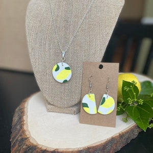 Lemon Jewelry / Lemon Earrings and Pendant / Fruit Earrings and Necklace / Handmade Clay Jewelry Set / Gift for Her / Yellow and White Set/