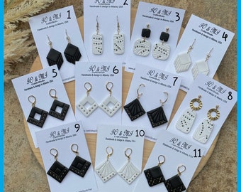 Earrings, black earrings, handmade clay earrings for women, white earrings clay, earrings clay, geometric earrings handmade, gift for her
