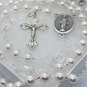 Bridal Crystal White Rosary, Personalized Rosary for Baptism, Pearl First Communion,  Birthstone April Birthday Gift