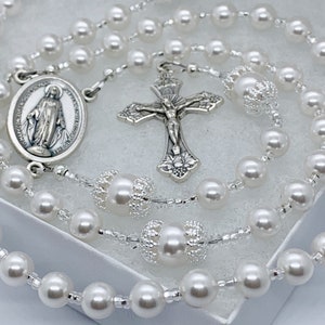 Baptism Rosary Gift for a Girl or Boy,  White Pearls Wedding Rosary, First Communion Confirmation Christening Quinceanara RCIA
