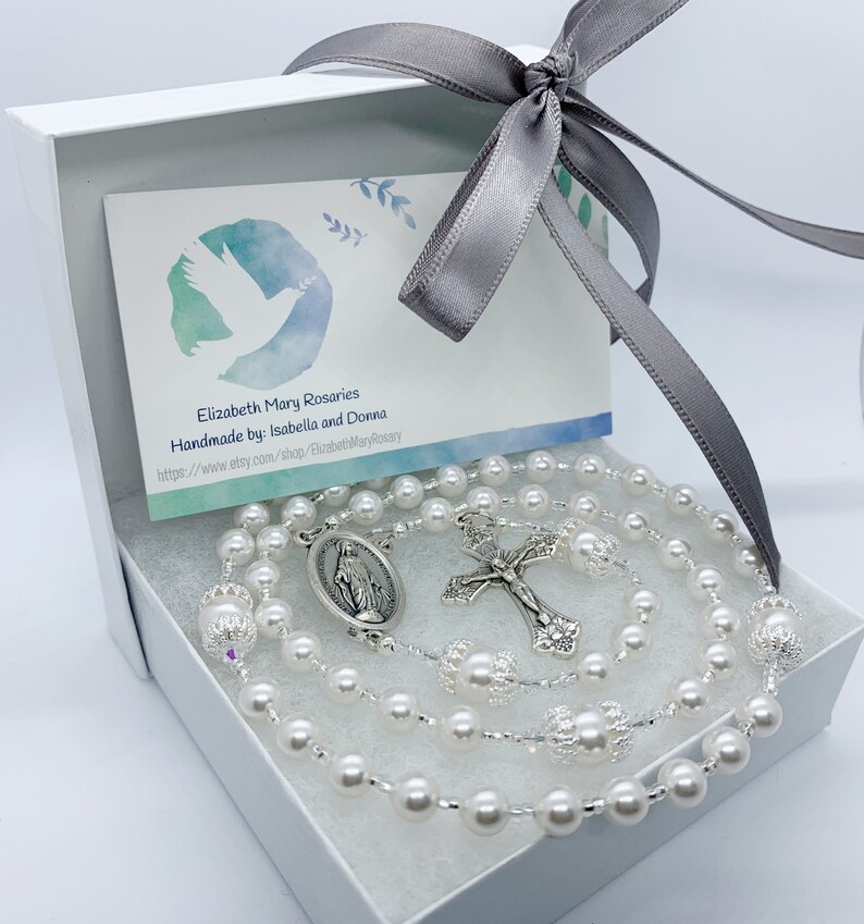 Baptism Rosary Gift for a Baby Girl, Pink and White Rosary Personalized Keepsake First Communion
