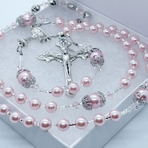 Beautiful Pink and Crystal Rosary, Baptism Gift for Girl, Personalized Rosary, First Communion Gift