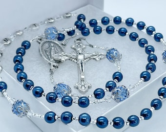 Baptism Gift Baby Boy or Girl, Navy Blue First Communion Rosary, Personalized Catholic Birthday Gift, Rosarios