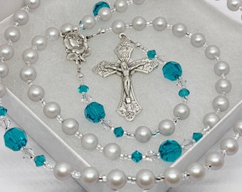 Rosary First Communion Gift Teal, Personalized Baptism Christening, Quinceanera, Godparent Rosary, Crystal Pearl Aqua and  Grey