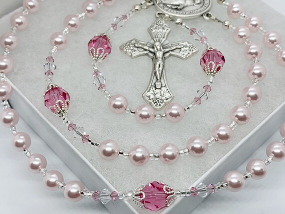 Nazareth Store Pink Pearl Rosary Necklace | Miraculous Medal & Crucifix | 20 Inch Communion Rosary