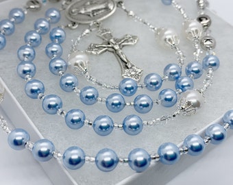 First Communion Rosary, Baptism, Confirmation, Quinceanera,  Blue and White Pearls, Something Blue Wedding Crystal Rosary