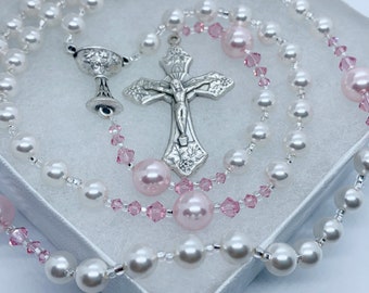 Personalized Rosary Baptism First Communion, Pink White Pearls and Crystal