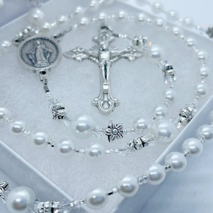 Personalized White Pearl Rosary: Baptism, First Communion, Confirmation