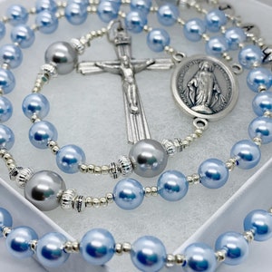 Baptism Gift for Baby Boy, Light Blue and Dove Grey Pearl, First Communion Gift, Confirmation, Christening,