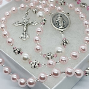 Baptism Rosary Gift for a Baby Girl, Pink and White Rosary Personalized Keepsake First Communion Rosary Girl, Confirmation  Quinceanera