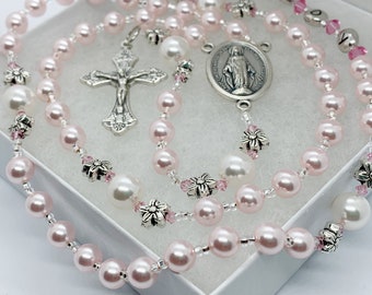 Baptism Rosary Gift for a Baby Girl, Pink and White Rosary Personalized Keepsake First Communion Rosary Girl, Confirmation  Quinceanera