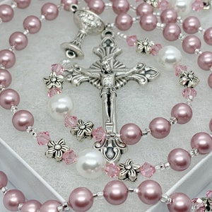 Rosary for Baptism First Communion Confirmation Gift, Personalized  for Catholic Gift Giving, Pink Pearls and Crystal