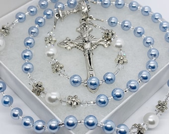 Girls Baptism First Communion Rosary, Blue and White Pearls, Personalized Christening Gift