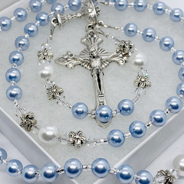 Girls Baptism First Communion Rosary, Blue and White Pearls, Personalized Christening Gift