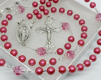 Girls Pink Crystal Rosary, Girls Baptism, Girls First Communion Rosary, Personalized Pink Rosary, Quinceanara Rosary