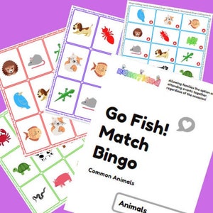 Les animaux vont pêcher, match, jeu de cartes de bingo imprimable imprimer et jouer