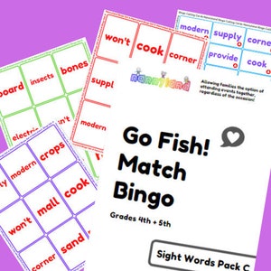 Sight Words 4th + 5th Grade Go Fish, Match, Bingo Printable Game Set Print and Play