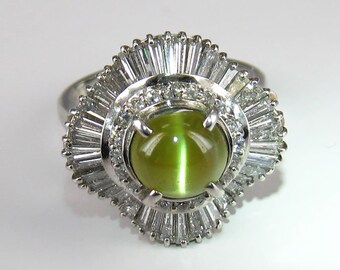 Excellent Chrysoberyl Cats eye Platinum Ring with Diamond 3.48Ct Stone Diamond 1.45Ct