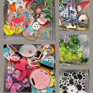 May include: A collection of assorted decorative die-cut shapes stored in clear plastic containers. The shapes include sports balls, sea creatures, mermaids, gnomes, sailboats, palm trees, lipstick tubes, high heels, butterflies, and paw prints.