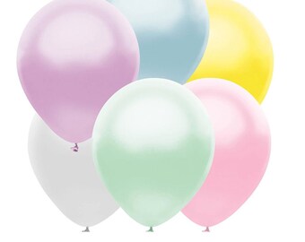 May include: A set of six pastel colored latex balloons. The balloons are light blue, lavender, yellow, mint green, and pink.