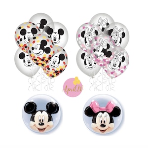 May include: A set of Mickey Mouse and Minnie Mouse balloons. The balloons are clear with confetti and images of Mickey and Minnie Mouse. There are also two large clear balloons with Mickey and Minnie Mouse faces.