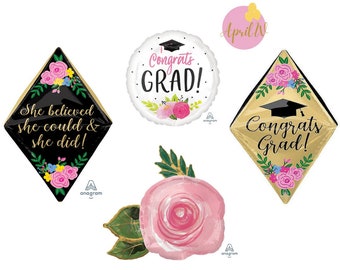 28&#39;&#39; Congrats Grad Floral Balloon| 25&#39;&#39; Congrats Grad Cap Balloon| 30&#39;&#39; Pink Rose Balloon| Grad Balloons| Congrats Grad Balloons| Graduate