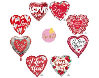 Può includere: Assortimento di palloncini a forma di cuore in lamina rossa e argento con messaggi di San Valentino. I palloncini presentano frasi come "Ti amo", "Ti amo" e "Buon San Valentino".