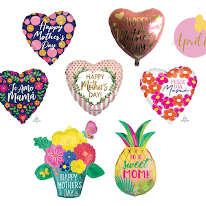 May include: Assortment of heart-shaped foil balloons with Mother's Day greetings in English and Spanish.  The balloons feature floral patterns, polka dots, and glitter.  There is also a pineapple-shaped balloon with the text "To a Sweet Mom!" and a flower bouquet balloon with the text "Happy Mother's Day".