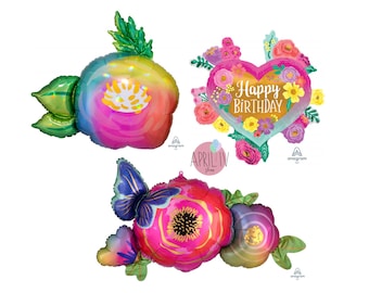 37'' Flowers and Butterfly Balloon| Iridescent Flower Balloon| Heart and Flowers Birthday Balloon| Flower Mylar Balloon| Flower Foil Balloon