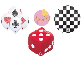 May include: A set of five foil balloons featuring a red die, a black and white checkered pattern, and three playing card suits: hearts, spades, and diamonds. The balloons are perfect for a casino-themed party.