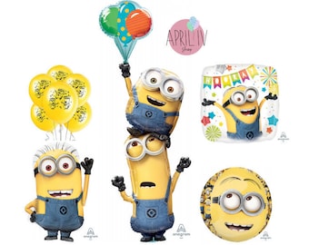 May include: A set of five Minion balloons, featuring different designs. The balloons are yellow and blue with black accents. One balloon features a Minion wearing overalls and holding a banner that says "Hooray". Another balloon features a Minion with a large smile and googly eyes. The balloons are perfect for a Minion-themed party.
