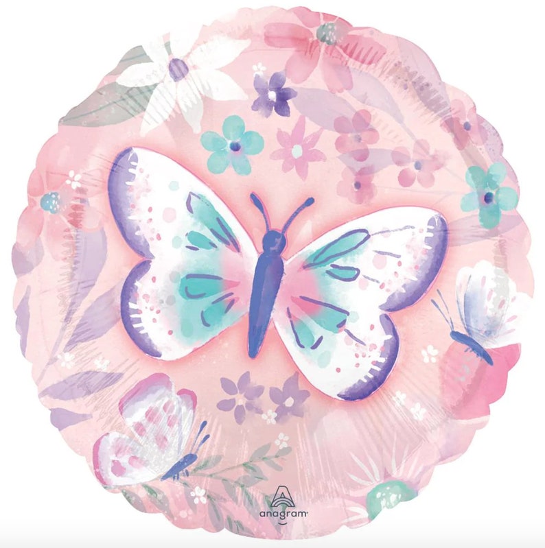 May include: A pink foil balloon with a watercolor design of butterflies and flowers. The main butterfly is purple, pink, and teal.