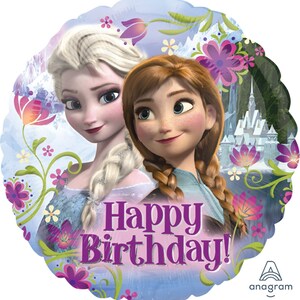 May include: A round, blue and purple balloon with a picture of Elsa and Anna from Frozen. The balloon has a floral design and the text "Happy Birthday!" in purple letters.