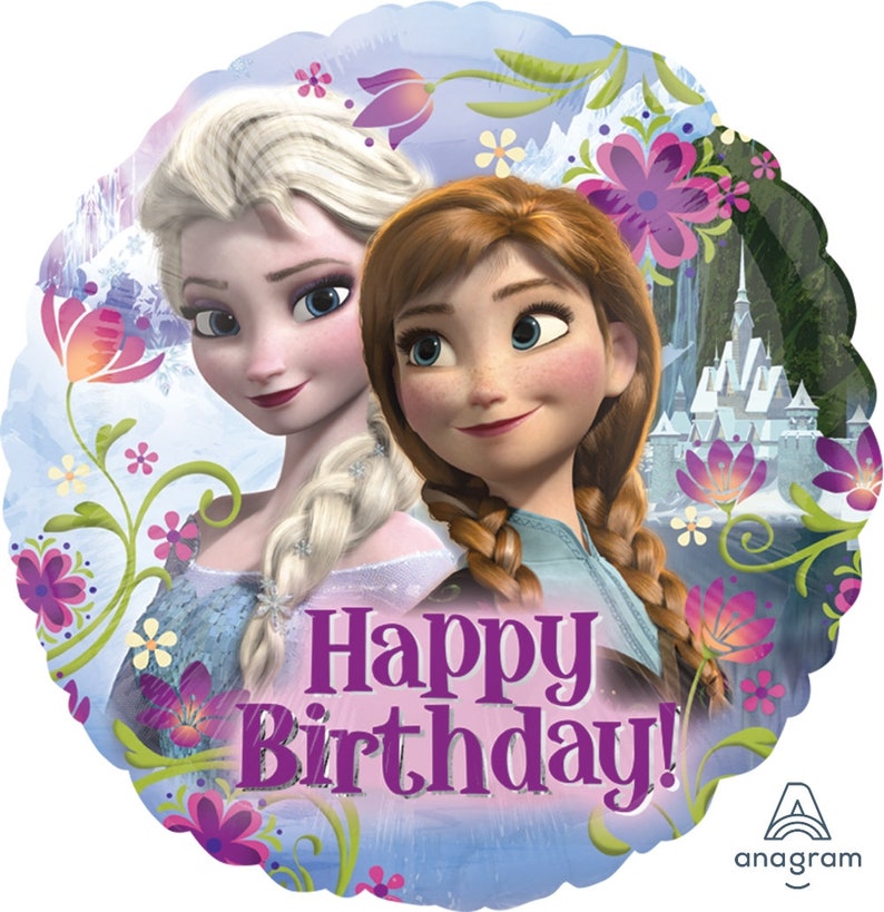 May include: A round, blue and purple balloon with a picture of Elsa and Anna from Frozen. The balloon has a floral design and the text "Happy Birthday!" in purple letters.