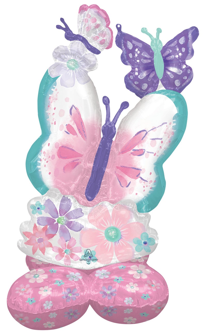 May include: A pink and purple butterfly balloon with a floral design. The balloon is made of mylar and has a self-sealing valve. The balloon is decorated with flowers and butterflies. The balloon is made by Anagram.