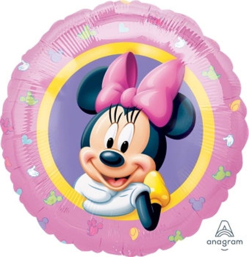 Pode incluir: Bal&atilde;o Minnie Mouse rosa e roxo com um c&iacute;rculo amarelo ao redor do rosto. O bal&atilde;o tem um fundo rosa com bolinhas brancas e um la&ccedil;o rosa na cabe&ccedil;a da Minnie.