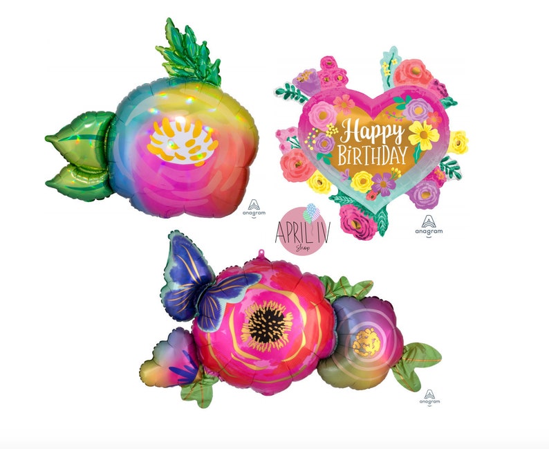 May include: Three colorful foil balloons with floral designs. The first balloon is a pink and blue flower with green leaves. The second balloon is a heart-shaped balloon with a floral border and the text "Happy Birthday". The third balloon is a pink flower with a blue butterfly and green leaves.