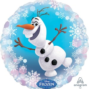 May include: A blue and white round foil balloon featuring Olaf, the snowman from Disney's Frozen, with a white background and a snowflake border. The balloon has the text "Disney FROZEN" at the bottom.