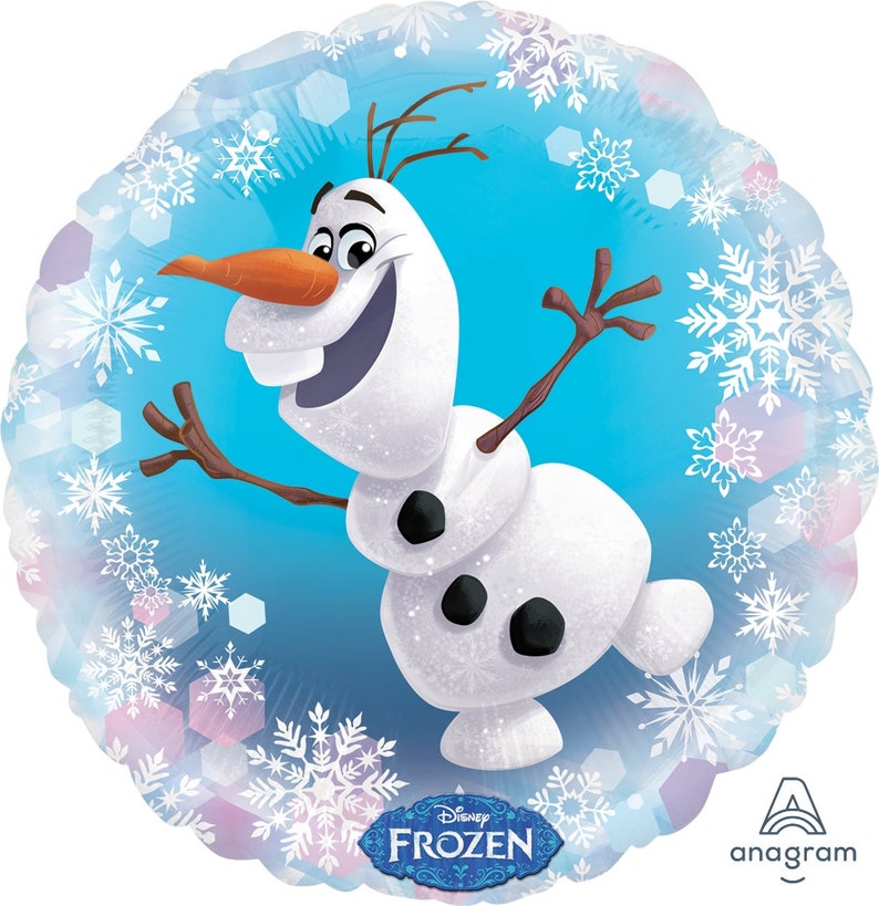May include: A blue and white round foil balloon featuring Olaf, the snowman from Disney's Frozen, with a white background and a snowflake border. The balloon has the text "Disney FROZEN" at the bottom.