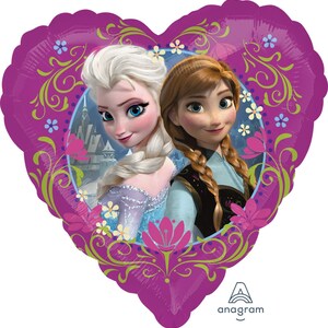 May include: A heart-shaped balloon featuring a purple background with a decorative floral design. The balloon has a picture of Elsa and Anna from the movie Frozen. The balloon has the word "anagram" printed on the bottom.