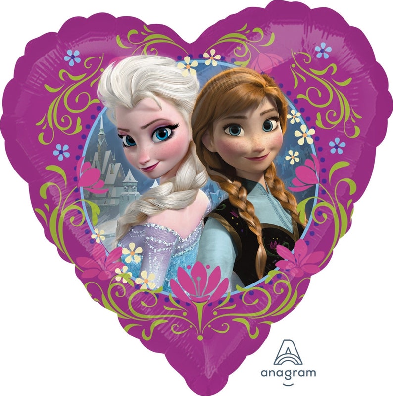 May include: A heart-shaped balloon featuring a purple background with a decorative floral design. The balloon has a picture of Elsa and Anna from the movie Frozen. The balloon has the word "anagram" printed on the bottom.