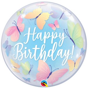 May include: A clear bubble balloon with a blue background and colorful butterflies. The balloon says "Happy Birthday!" in white script.